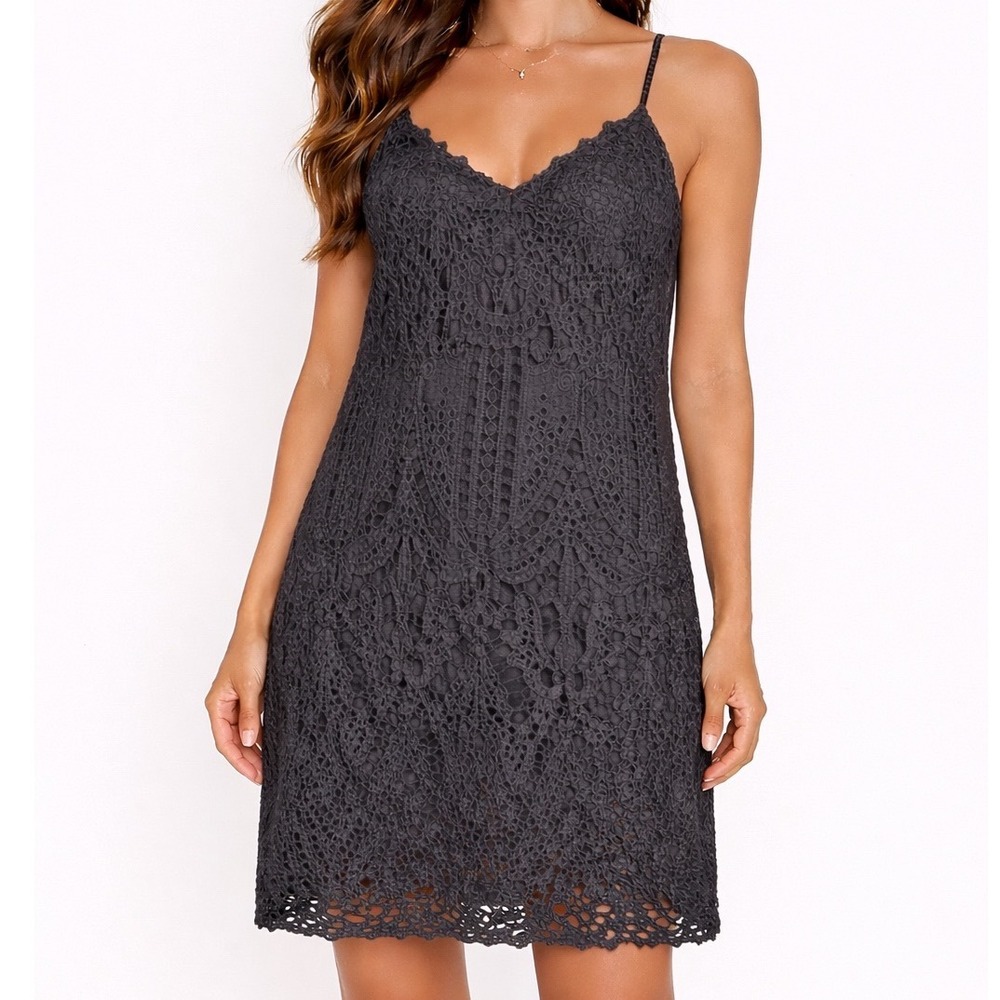 Black Lace Boho Chic Party Mini Dress V-Neck Festival Night Out Size M